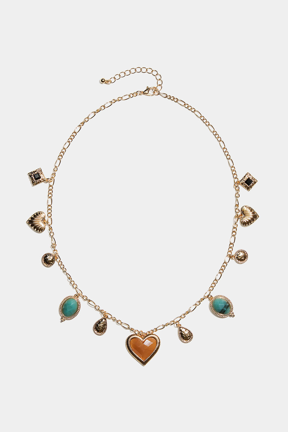 Gullfarget halskjede med forskjellige anheng