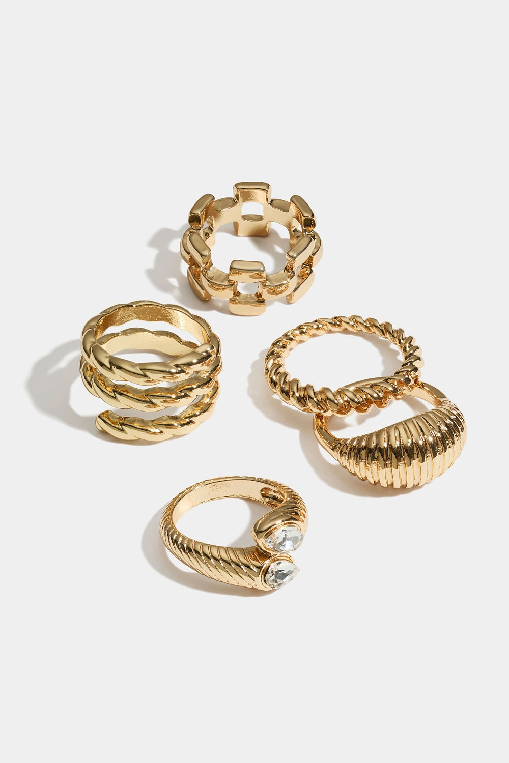 Gullfargede, riflete ringer med forskjellig design, 5-pakning