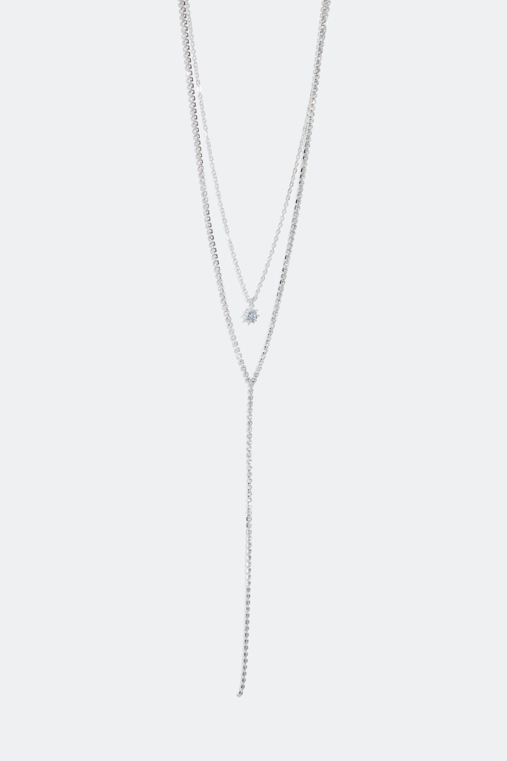 Strasshalssmykke, lag-på-lag, med stor glasstein