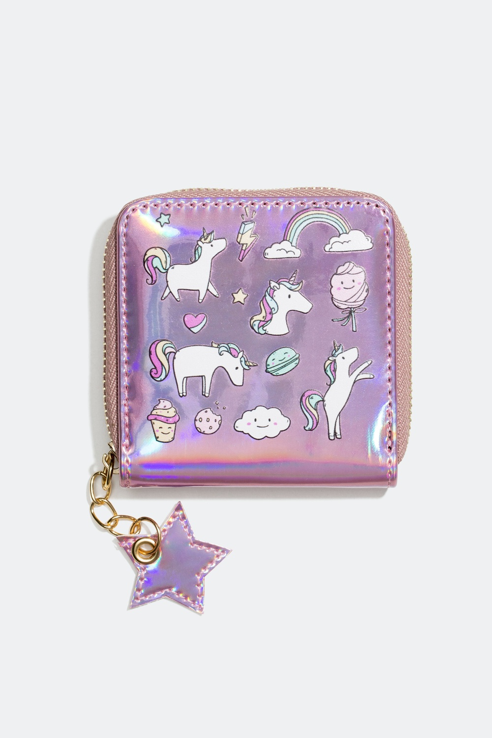 Regnbueskimrende rosa lommebok med små motiver 