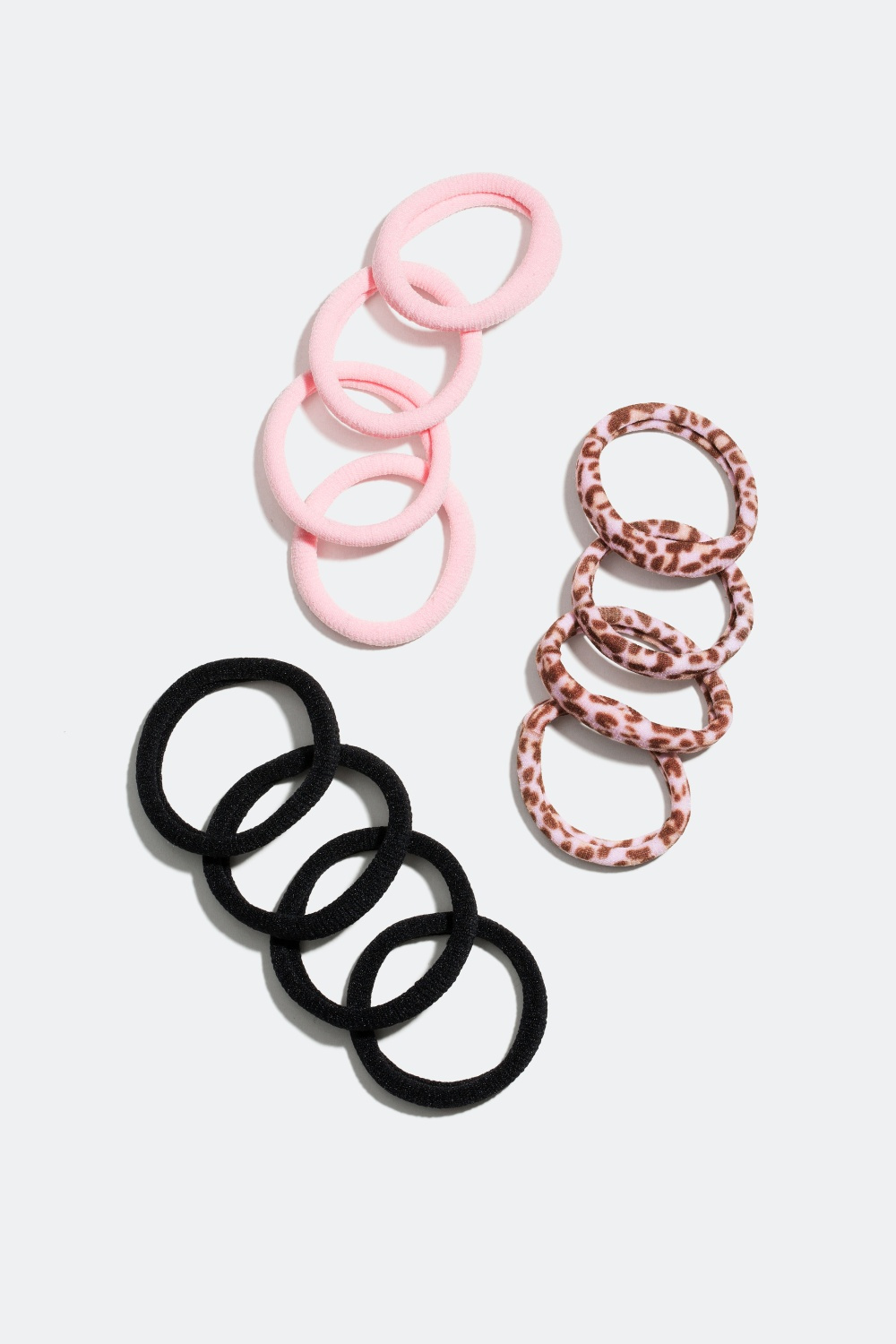 Hårstrikker i rosa, svart og leopard, 12-pakning