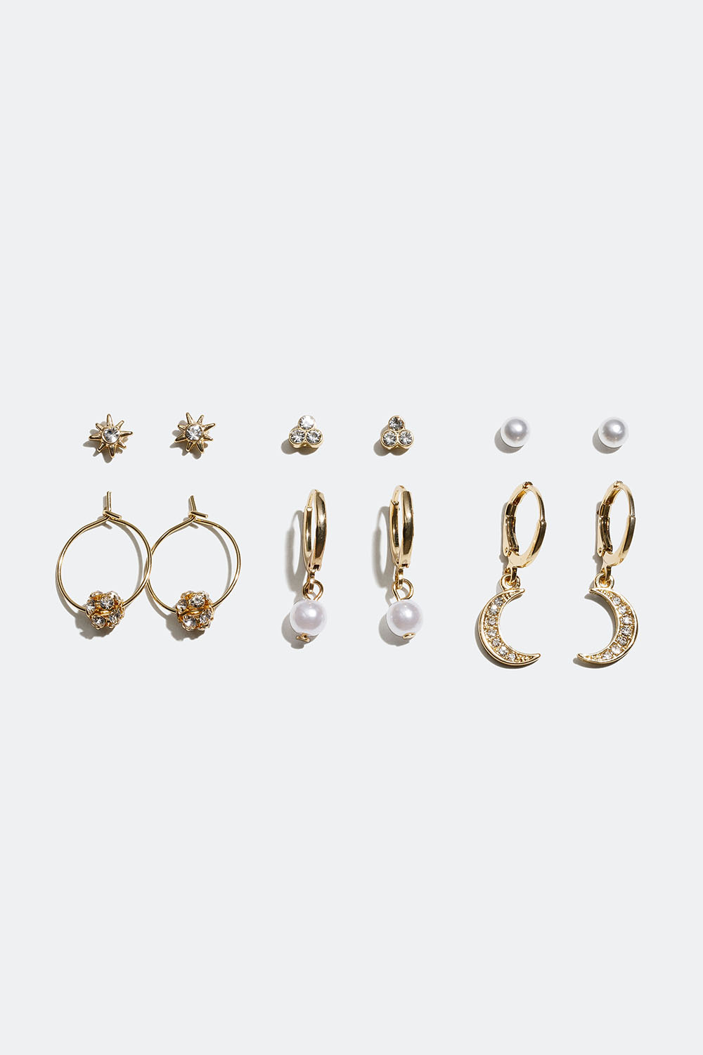 Tre par studs: hvite perler, stjerne og trekant med glassteiner