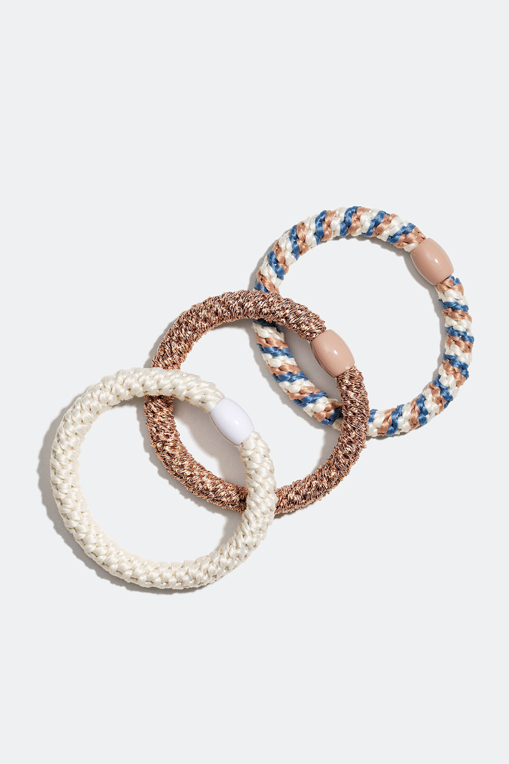 Flettede hårstrikker i hvit, beige og blå miks, 3-pakning