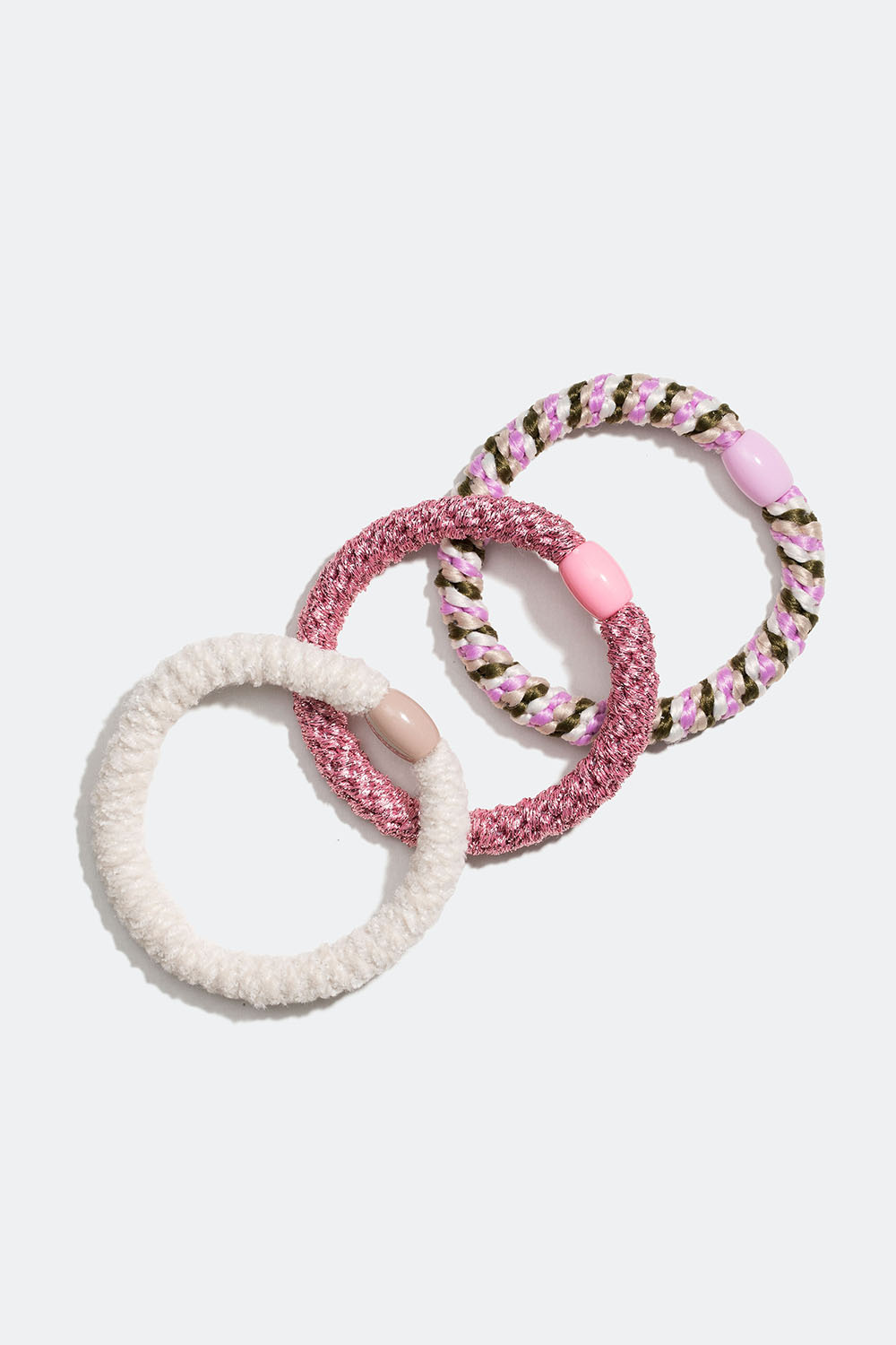 Flettede hårstrikker i rosa, hvit og grønn miks, 3-pakning