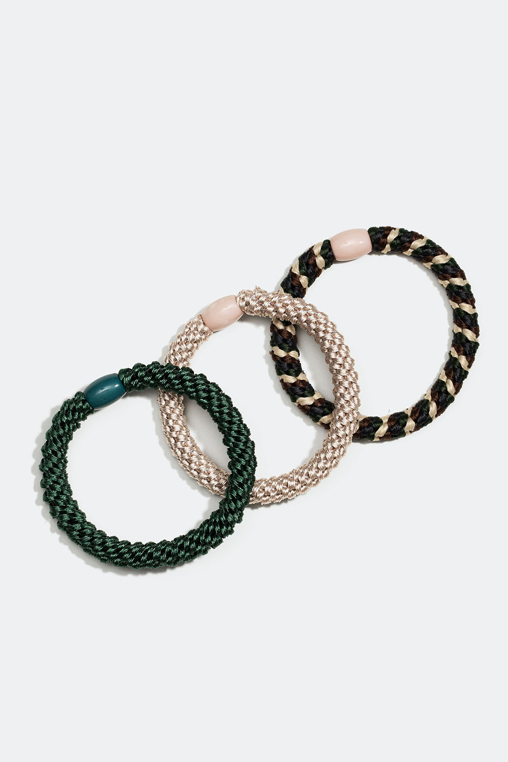 Flettede, mørkegrønne hårstrikker, 3-pakning