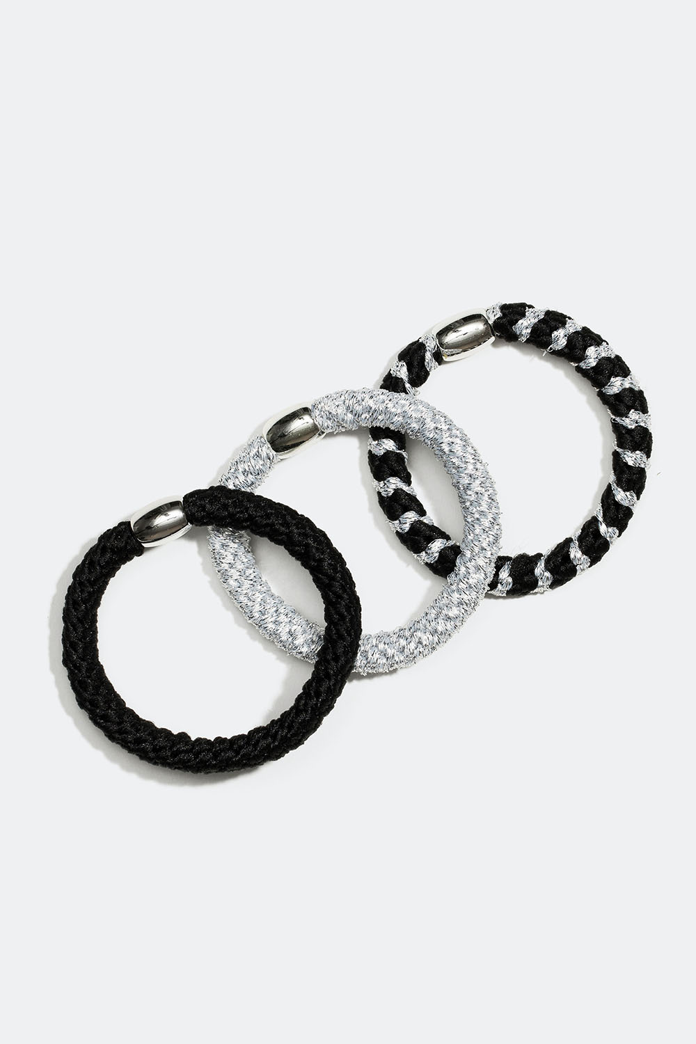 Flettede hårstrikker i sølv og svart, 3-pakning