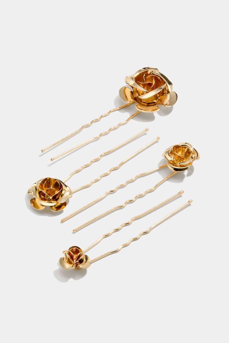 Gullfargede hårnåler med roser, 4-pakning