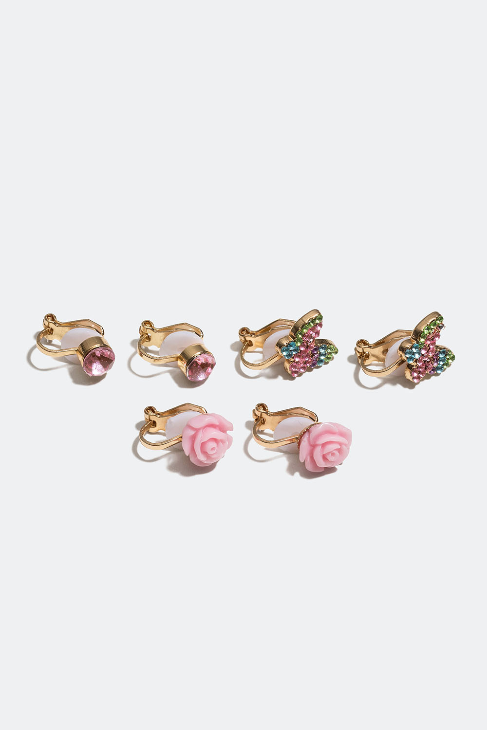 Klipsøredobber med rosa glassteiner, blomster og sommerfugler, 3 pakning