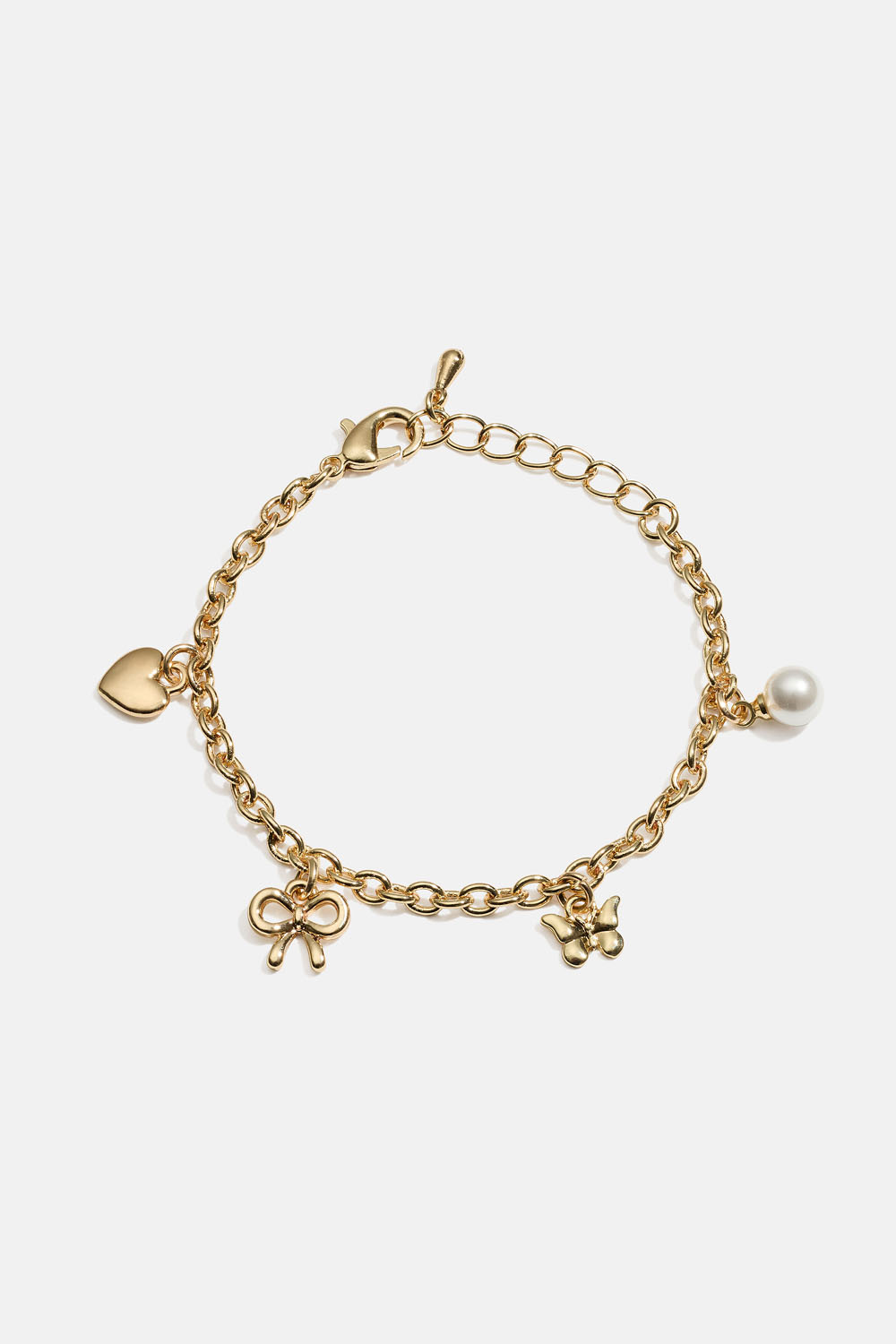 Gullfarget armbånd til barn med hjerter, sløyfe og sommerfugl