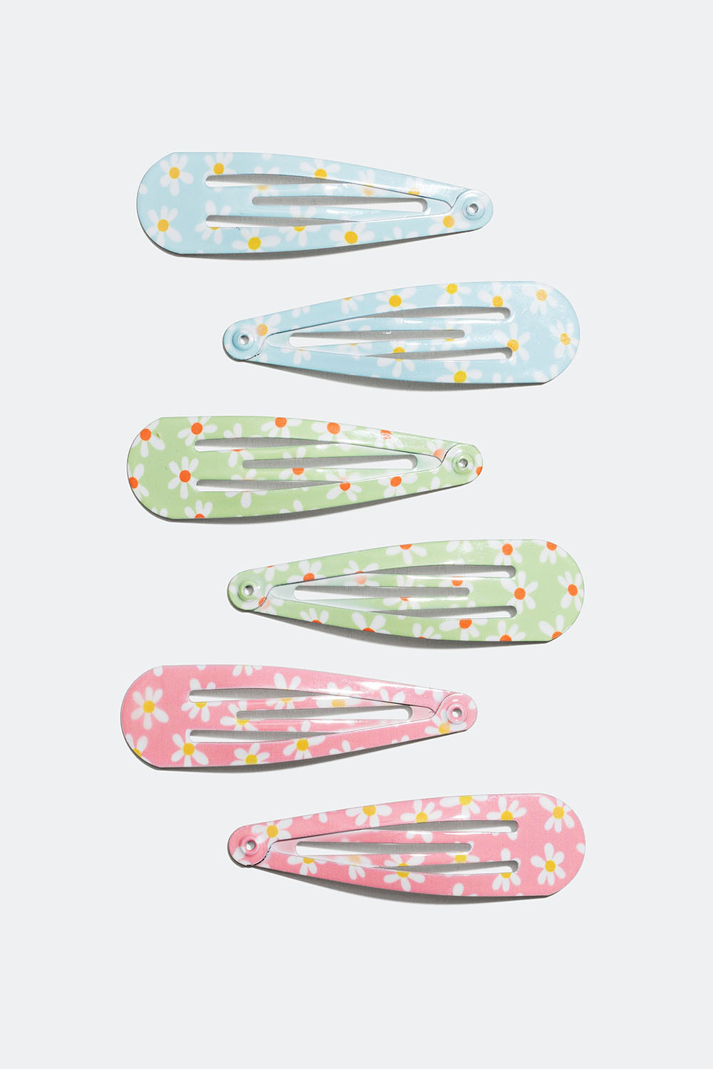 Hårspenner i forskjellige farger med blomstermønster, 6-pakning