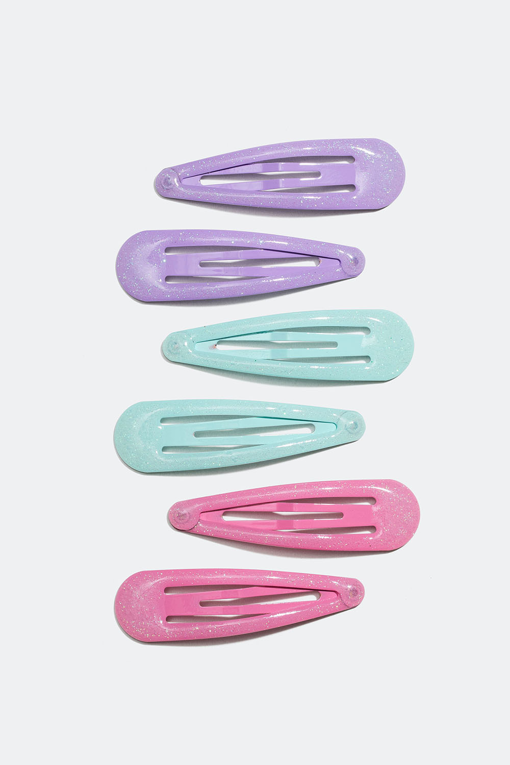 Glitrende hårspenner i lilla, rosa og grønt, 6 pakning