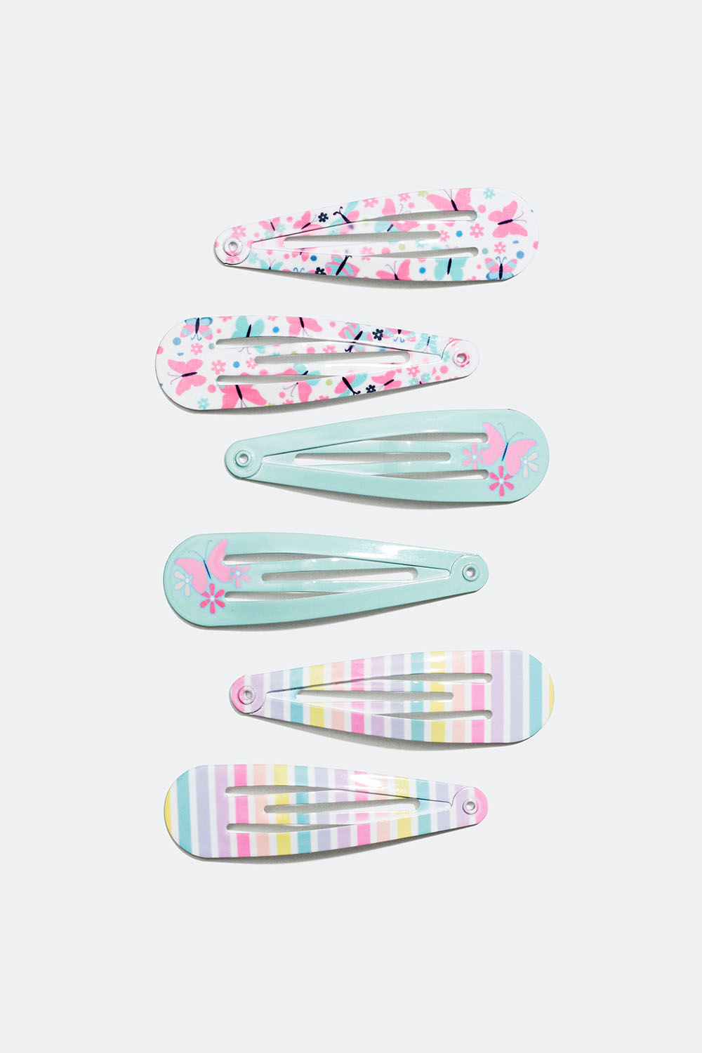 Hårspenner med stripemønster og sommerfugler, 6 pakning