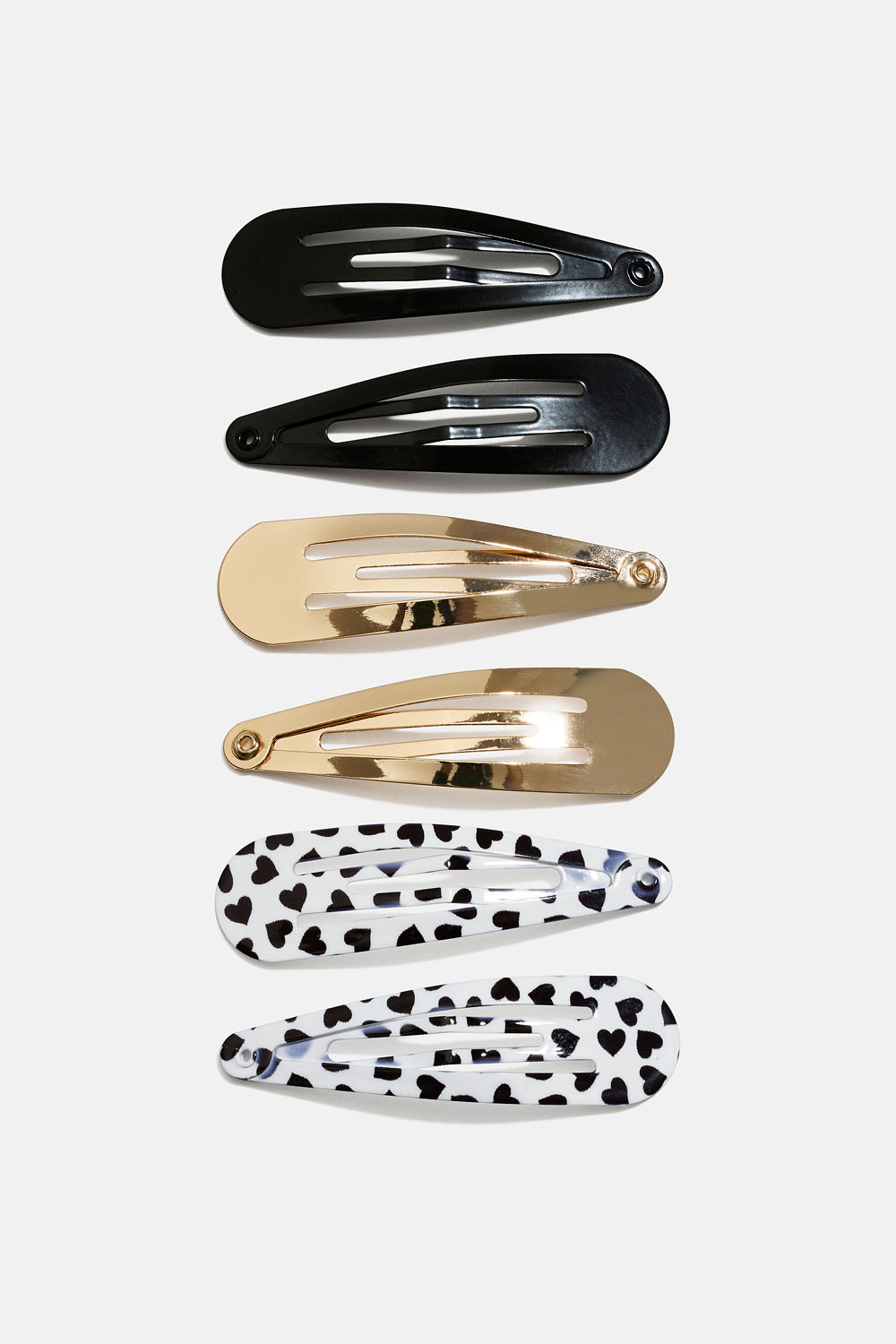 Hårspenner i sort, gull og hjertemønster, 6-pakning