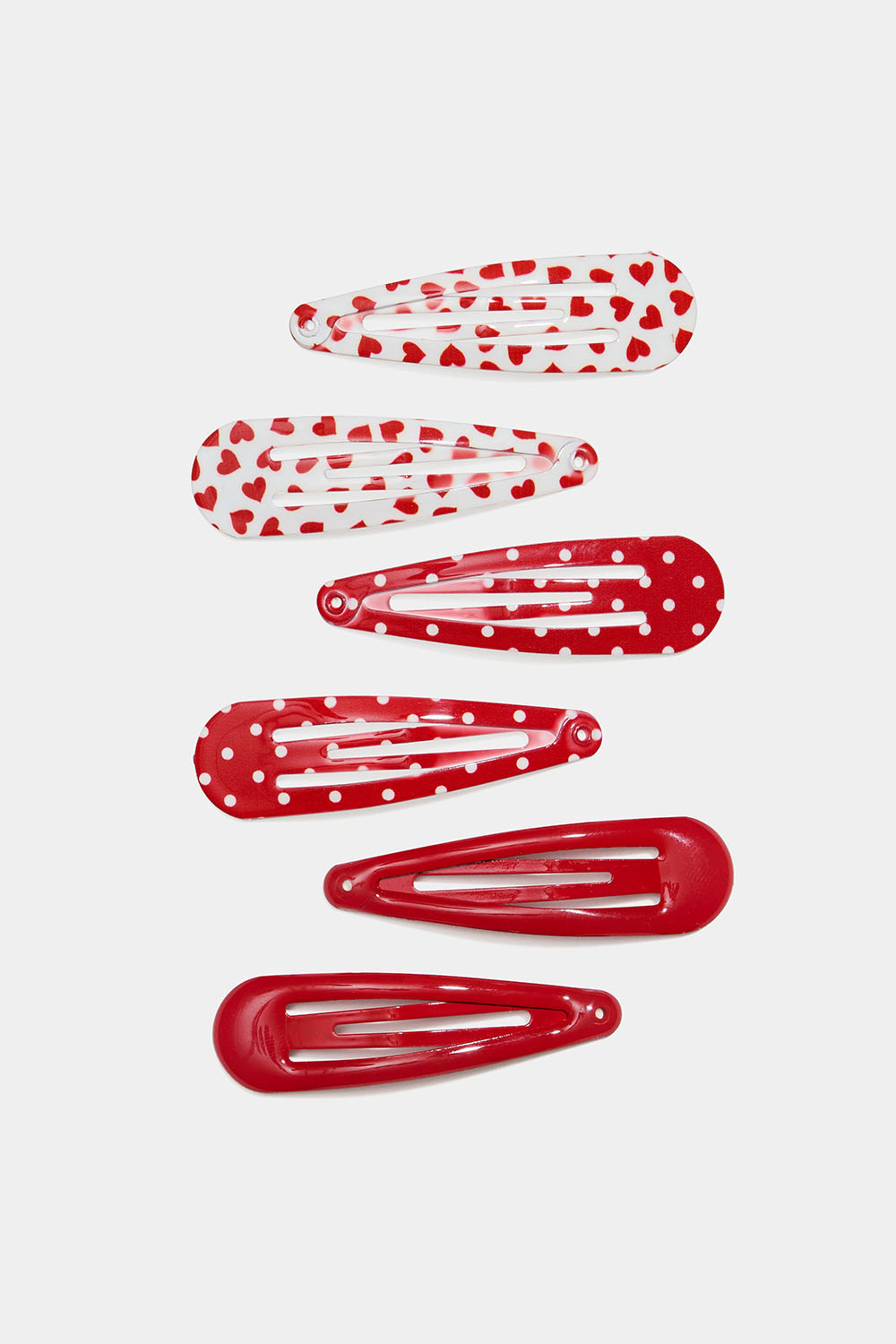 Hårspenner i rødt, prikkete og hjertemønster, 6-pakning