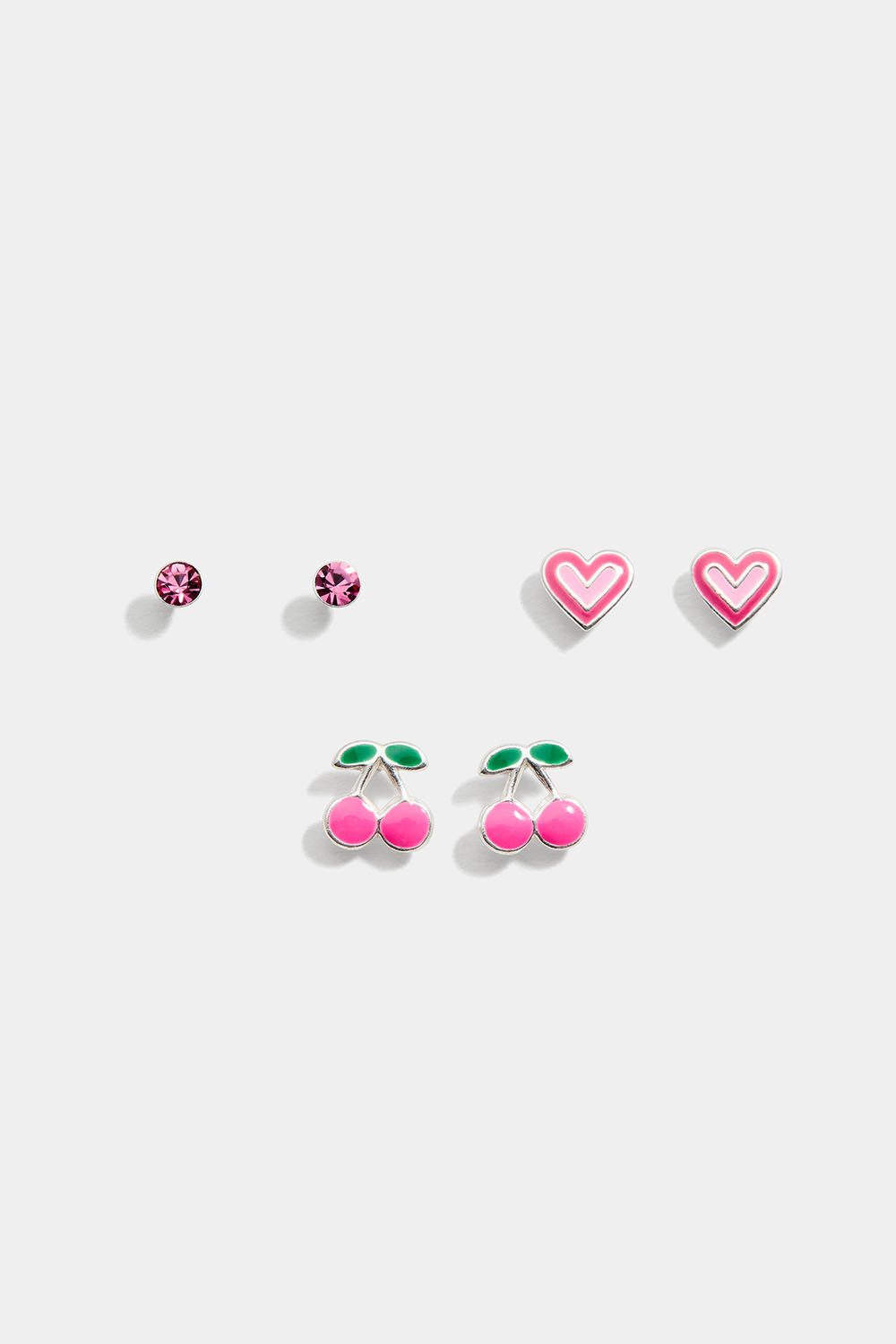 Tre par øredobber i sterling sølv med rosa stein, hjerter og kirsebær