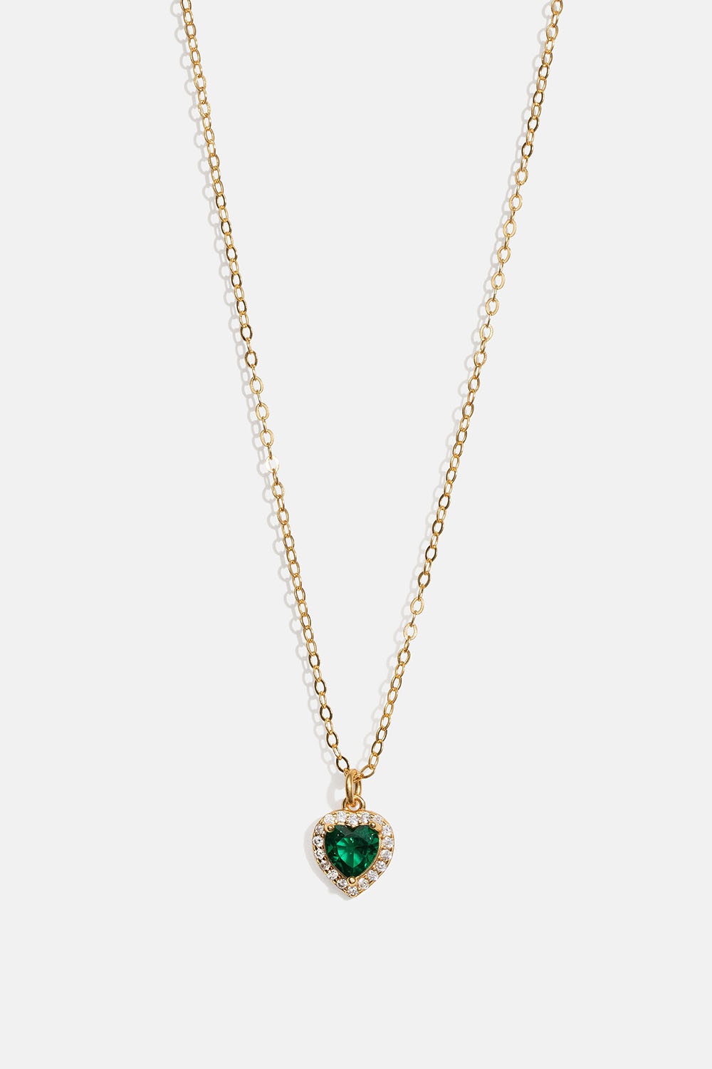 Halskjede i ekte sølv med 18 karat gullplett, med hjerteformet anheng og grønn zirkonia