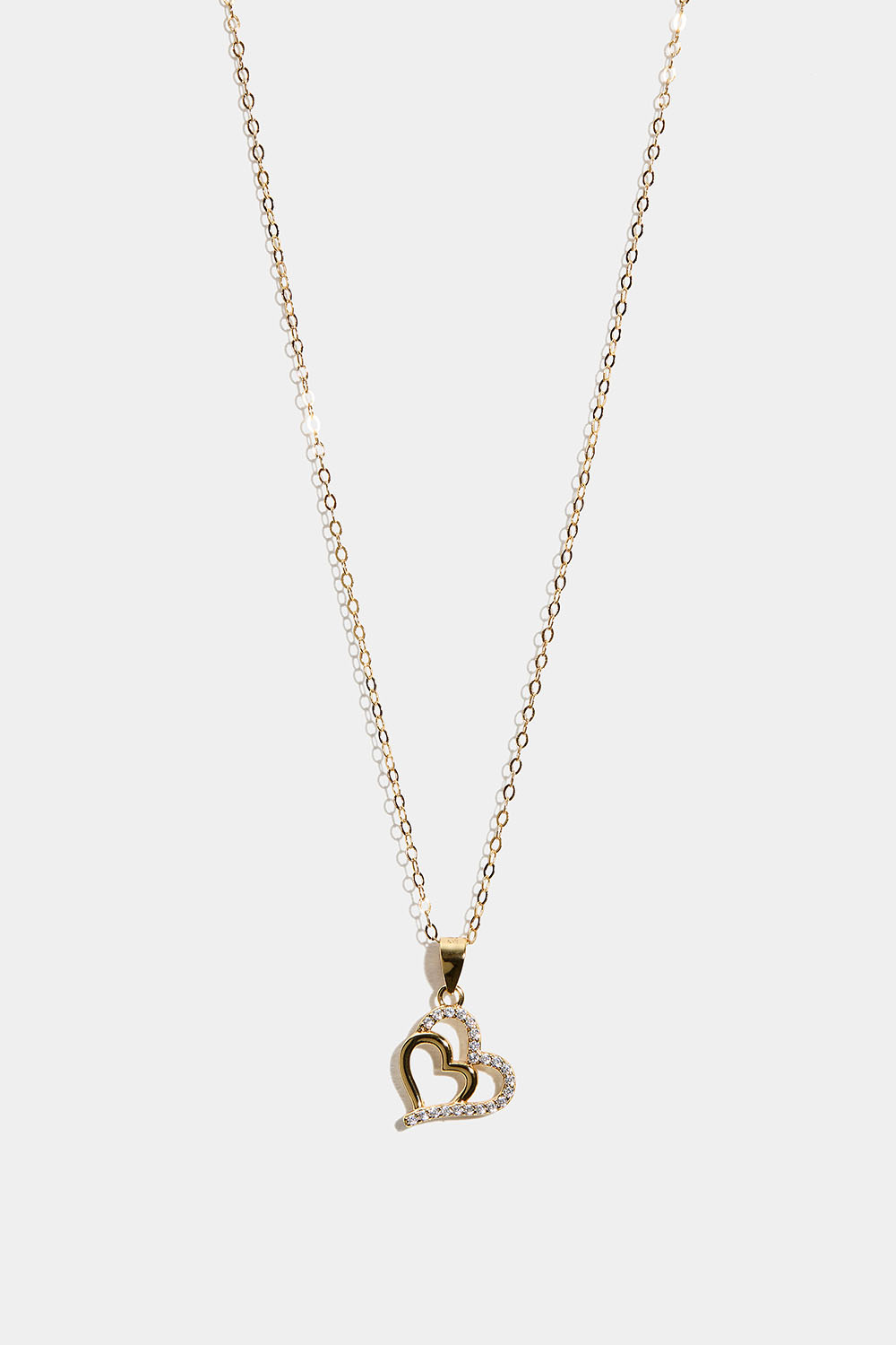 Halskjede i 18k gullbelagt ekte sølv med dobbelt hjerte og kubisk zirkonia.